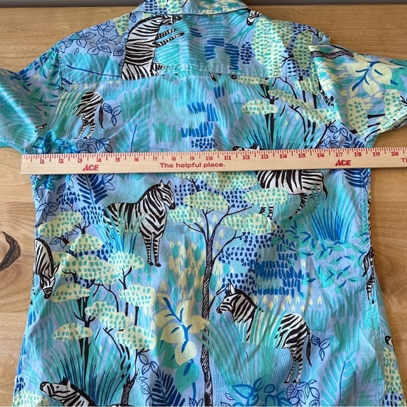 SOLD J MCLAUGHLIN LOIS SHIRT S BLUE GREEN GIRAFFE WHIMSY CASUAL COLORFUL STRETCH - Picture 8 of 12